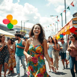 A vibrant street festival scene featuring a diverse group of people enjoying various activities