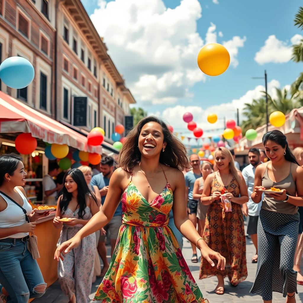 A vibrant street festival scene featuring a diverse group of people enjoying various activities