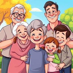 A joyful cartoon family portrait featuring a young boy at the center, his Grandma with silver hair and glasses, smiling warmly, his parents - a father with a friendly expression and a mother with gentle features, both standing proudly beside him