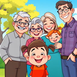 A joyful cartoon family portrait featuring a young boy at the center, his Grandma with silver hair and glasses, smiling warmly, his parents - a father with a friendly expression and a mother with gentle features, both standing proudly beside him