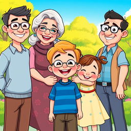 A joyful cartoon family portrait featuring a young boy at the center, his Grandma with silver hair and glasses, smiling warmly, his parents - a father with a friendly expression and a mother with gentle features, both standing proudly beside him