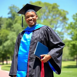 A person wearing a graduation gown, standing proudly outdoors on a sunny day