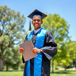 A person wearing a graduation gown, standing proudly outdoors on a sunny day