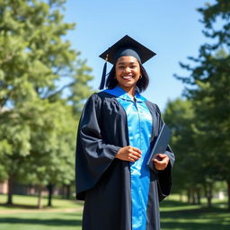A person wearing a graduation gown, standing proudly outdoors on a sunny day