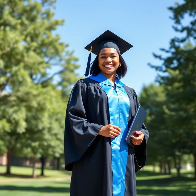 A person wearing a graduation gown, standing proudly outdoors on a sunny day