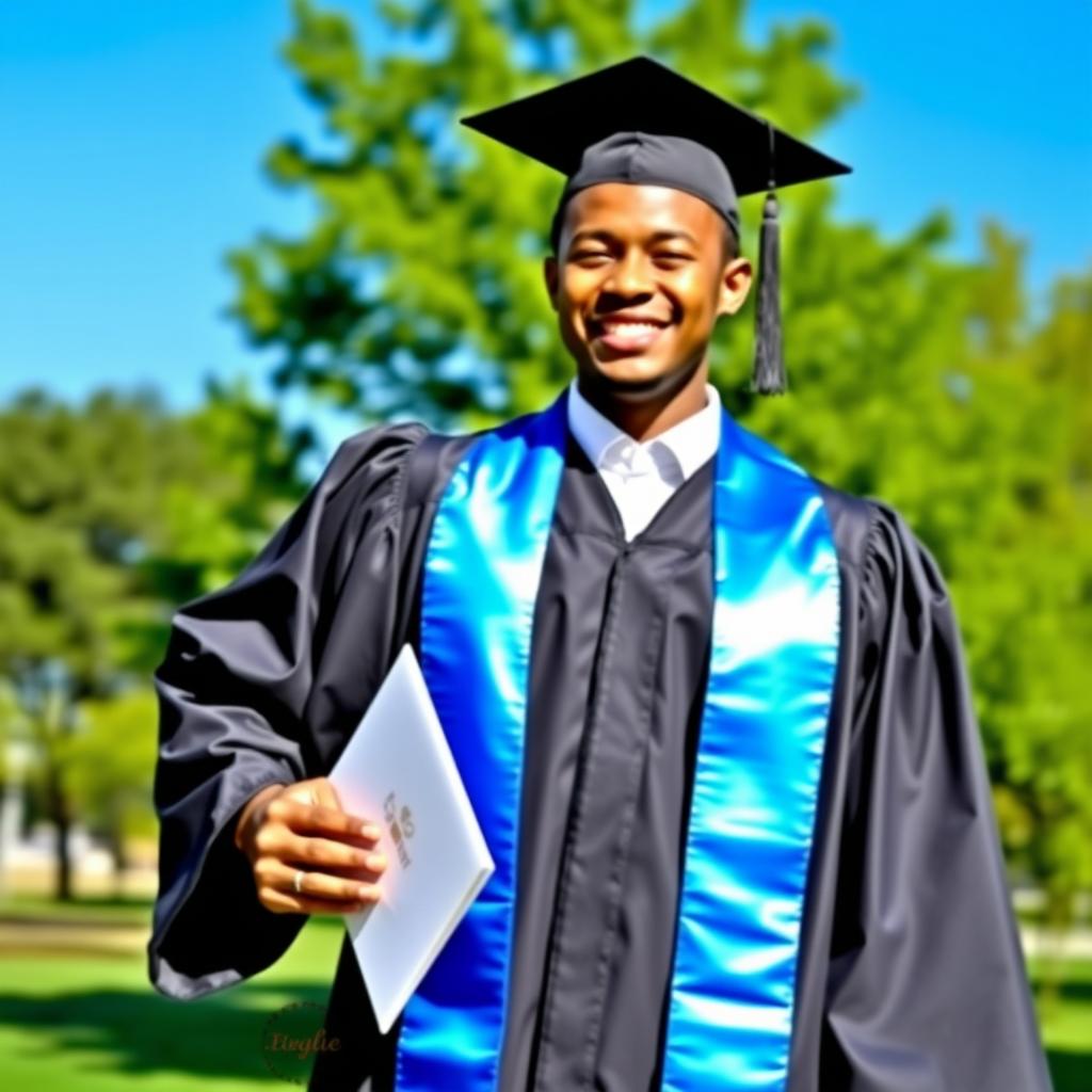 A person wearing a graduation gown, standing proudly outdoors on a sunny day