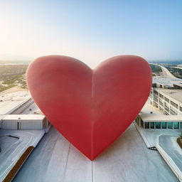 A modern hospital building shaped like a heart, with a sprawling medical campus in the background under a clear sky.