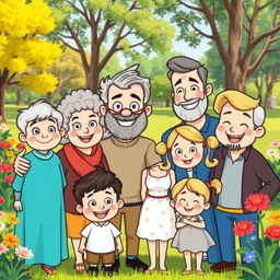 A cheerful cartoon family scene featuring one boy with bright eyes, a loving Grandma with curly gray hair and a warm smile, a kind Pa with a beard and a friendly look, a caring Mom with a lovely hairstyle, and a playful sister with blonde hair in pigtails