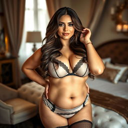 A voluptuous adult woman with an exaggerated curvaceous figure, prominent bust and shapely hips, wearing revealing lingerie and confident in her demeanor