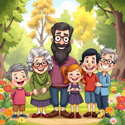 A whimsical cartoon family scene featuring one boy with a joyful smile, his Grandma with curly gray hair and glasses, a cheerful Pa with a beard and a warm demeanor, a loving Mom with a bright smile, a little sister with fun pigtails, and a playful uncle with a big grin