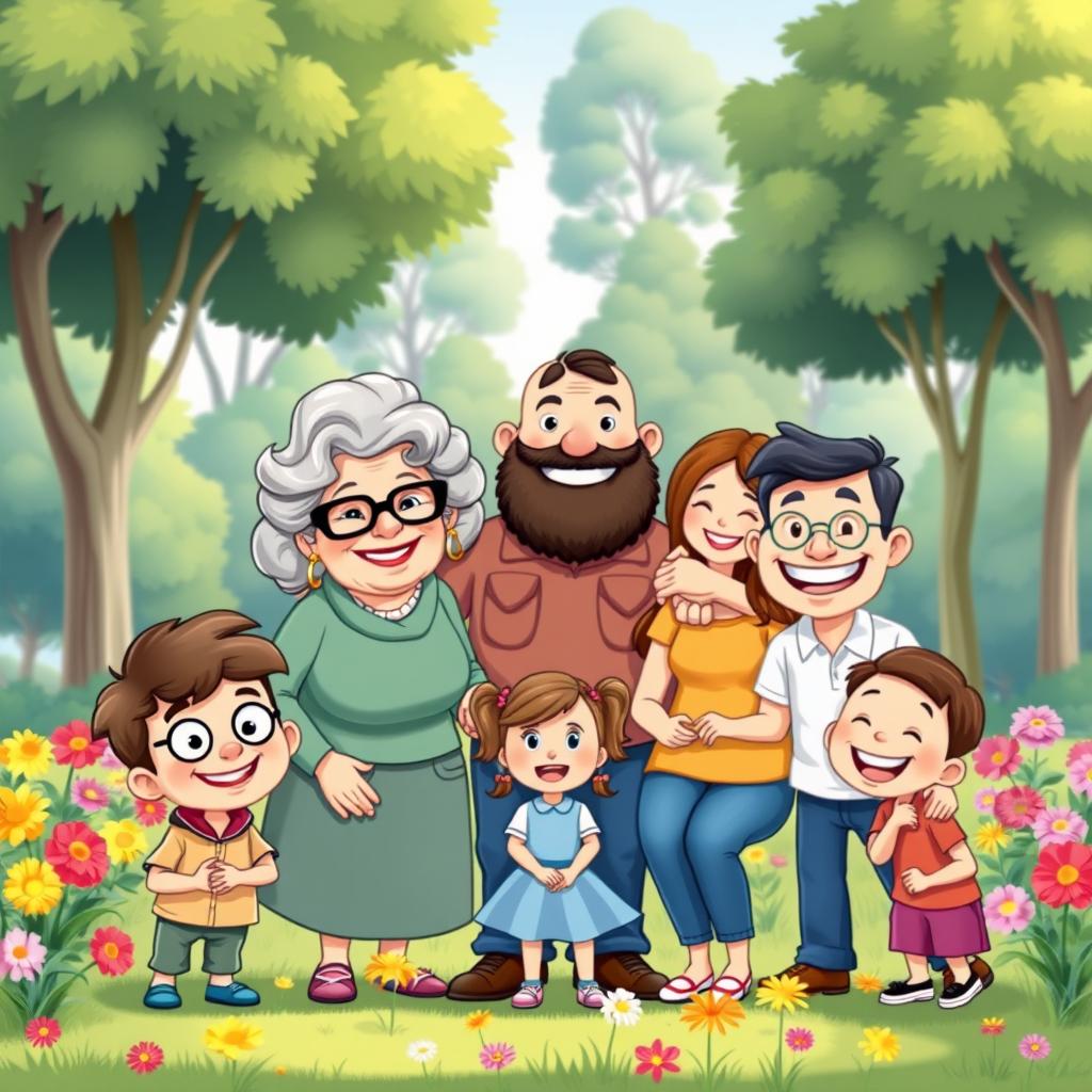 A whimsical cartoon family scene featuring one boy with a joyful smile, his Grandma with curly gray hair and glasses, a cheerful Pa with a beard and a warm demeanor, a loving Mom with a bright smile, a little sister with fun pigtails, and a playful uncle with a big grin