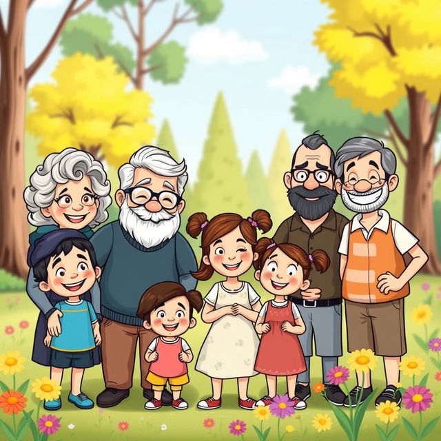 A whimsical cartoon family scene featuring one boy with a joyful smile, his Grandma with curly gray hair and glasses, a cheerful Pa with a beard and a warm demeanor, a loving Mom with a bright smile, a little sister with fun pigtails, and a playful uncle with a big grin