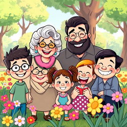 A whimsical cartoon family scene featuring one boy with a joyful smile, his Grandma with curly gray hair and glasses, a cheerful Pa with a beard and a warm demeanor, a loving Mom with a bright smile, a little sister with fun pigtails, and a playful uncle with a big grin