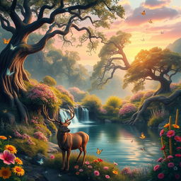 An enchanting scene of a mystical forest filled with vibrant flowers, towering ancient trees with twisting branches, and soft glowing lights floating in the air