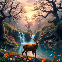 An enchanting scene of a mystical forest filled with vibrant flowers, towering ancient trees with twisting branches, and soft glowing lights floating in the air