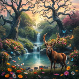 An enchanting scene of a mystical forest filled with vibrant flowers, towering ancient trees with twisting branches, and soft glowing lights floating in the air
