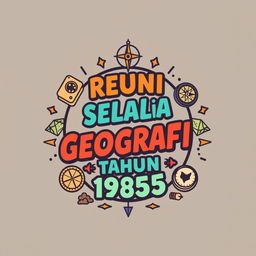 A stylish and vibrant design for a t-shirt featuring the slogan 'Reuni Selalu Setia Geografi Tahun 1985'