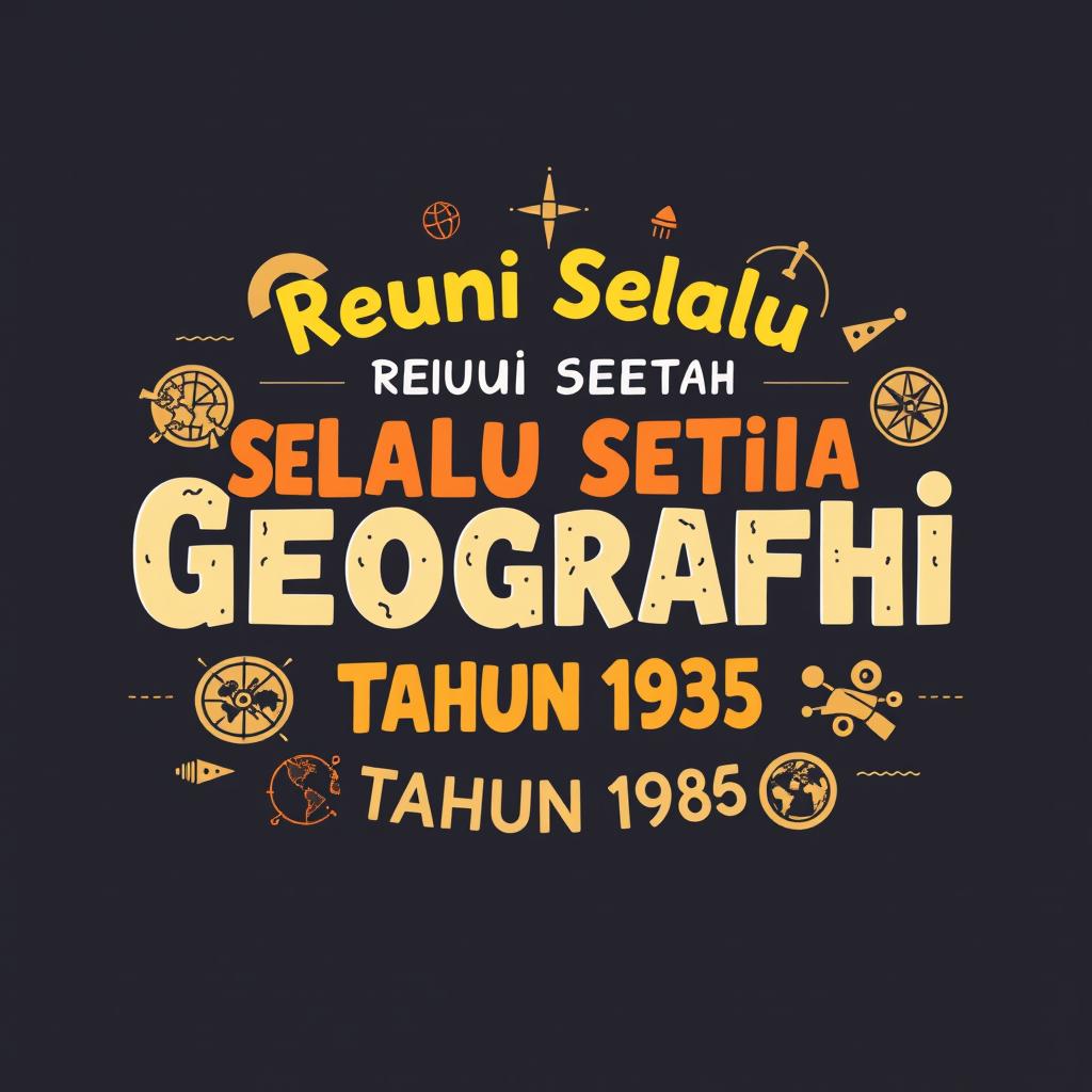 A stylish and vibrant design for a t-shirt featuring the slogan 'Reuni Selalu Setia Geografi Tahun 1985'
