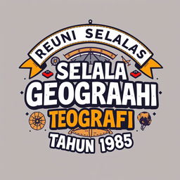 A stylish and vibrant design for a t-shirt featuring the slogan 'Reuni Selalu Setia Geografi Tahun 1985'