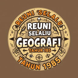 A stylish and vibrant design for a t-shirt featuring the slogan 'Reuni Selalu Setia Geografi Tahun 1985'