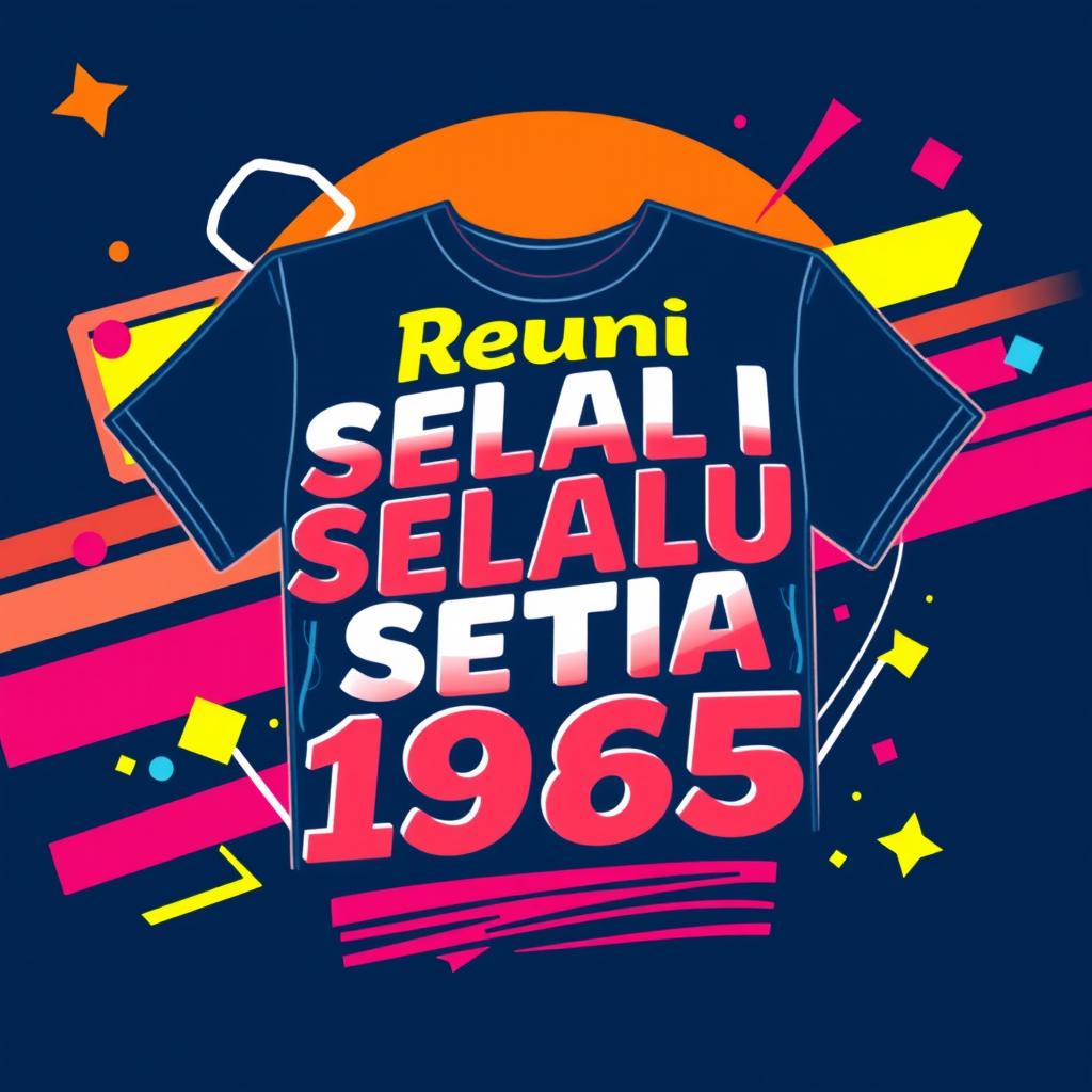 A stylish t-shirt design featuring the text 'Reuni Selalu Setia 1985' prominently displayed