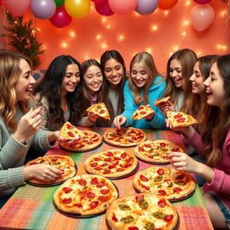 A group of young women enjoying a pizza party in a vibrant, cozy setting