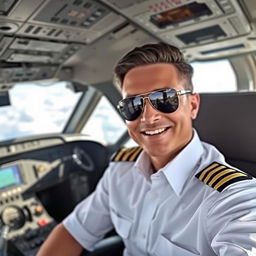 A person in a pilot's uniform sitting in a cockpit, with various flight instruments and controls visible