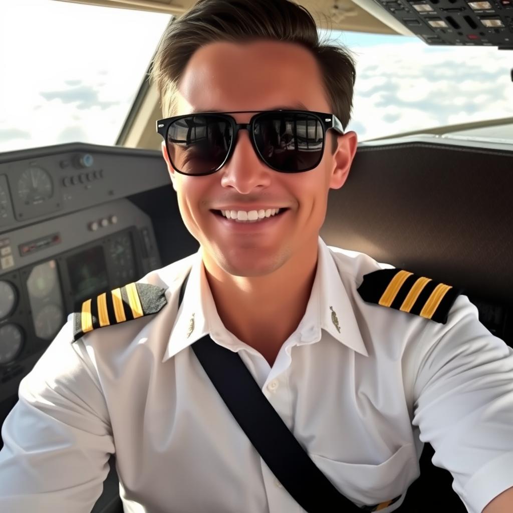 A person in a pilot's uniform sitting in a cockpit, with various flight instruments and controls visible