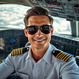 A person in a pilot's uniform sitting in a cockpit, with various flight instruments and controls visible