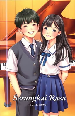 A book cover for the novel 'Serangkai Rasa' featuring two school students, a boy and a girl