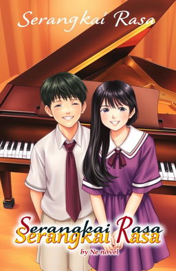 A book cover for the novel 'Serangkai Rasa' featuring two school students, a boy and a girl