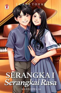 A book cover for the novel 'Serangkai Rasa' featuring two school students, a boy and a girl