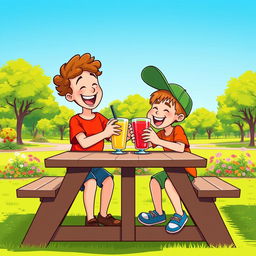 Two joyful boys sitting together at a picnic table, enjoying cold drinks on a sunny day