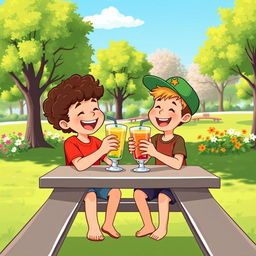 Two joyful boys sitting together at a picnic table, enjoying cold drinks on a sunny day