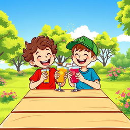 Two joyful boys sitting together at a picnic table, enjoying cold drinks on a sunny day