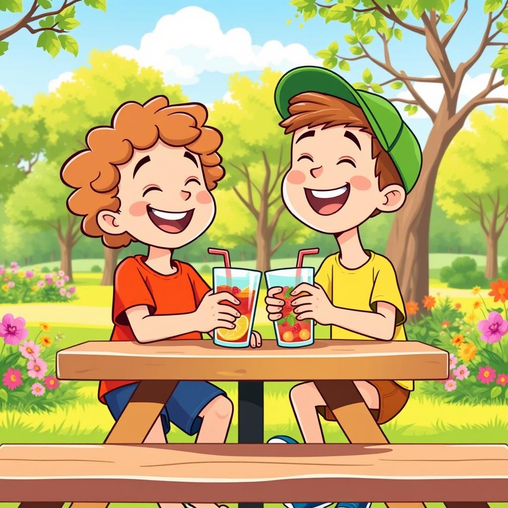 Two joyful boys sitting together at a picnic table, enjoying cold drinks on a sunny day