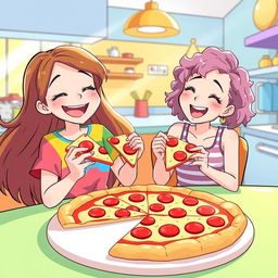 A bright and playful illustration of two girls enjoying a pizza together