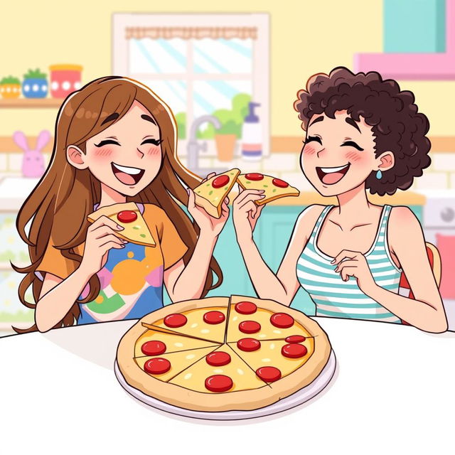 A bright and playful illustration of two girls enjoying a pizza together