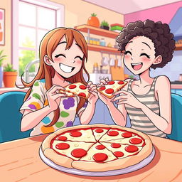 A bright and playful illustration of two girls enjoying a pizza together