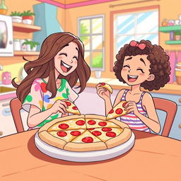 A bright and playful illustration of two girls enjoying a pizza together