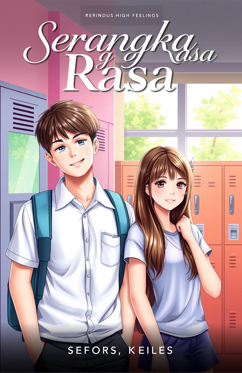 A book cover for a novel titled 'Serangkai Rasa', featuring a high school setting with male and female teenagers