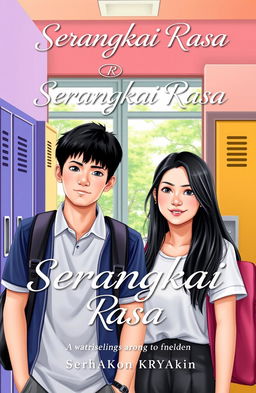 A book cover for a novel titled 'Serangkai Rasa', featuring a high school setting with male and female teenagers