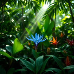 A stunning blue flower blooming in the middle of a lush green jungle