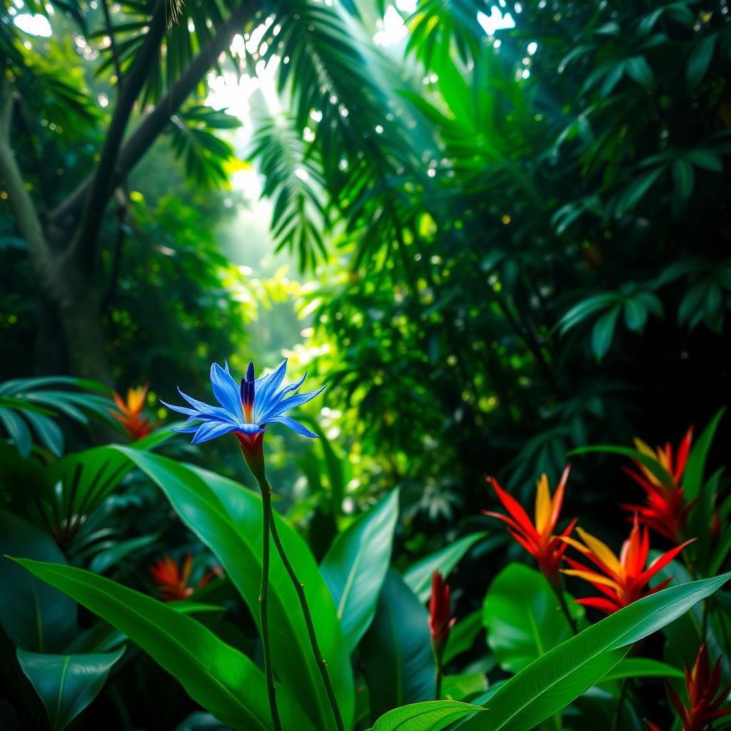 A stunning blue flower blooming in the middle of a lush green jungle