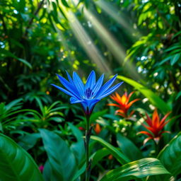 A stunning blue flower blooming in the middle of a lush green jungle