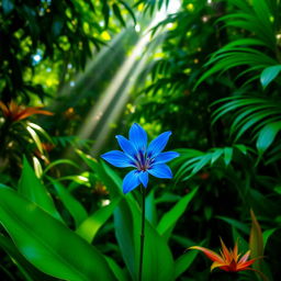A stunning blue flower blooming in the middle of a lush green jungle