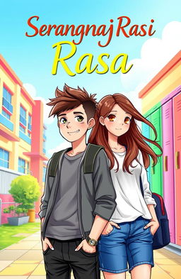 A vibrant book cover illustration for a novel titled 'Serangkai Rasa'