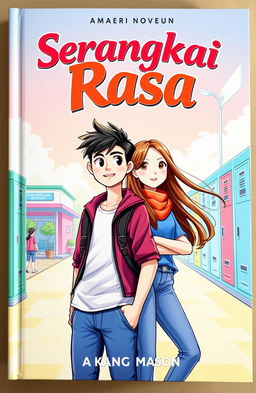 A vibrant book cover illustration for a novel titled 'Serangkai Rasa'