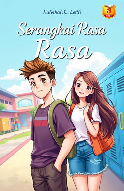 A vibrant book cover illustration for a novel titled 'Serangkai Rasa'