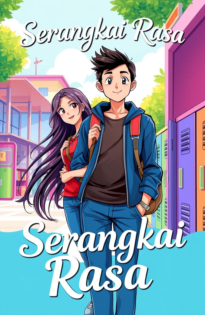 A vibrant book cover illustration for a novel titled 'Serangkai Rasa'